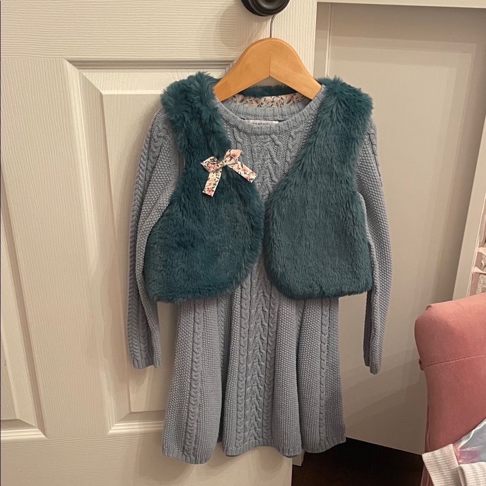 Blue Knit Dress with faux fur Teal Vest and matching hair bow